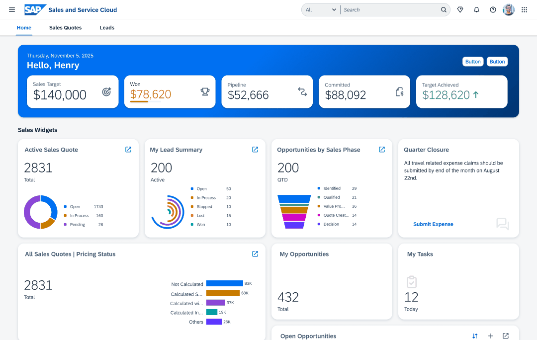 SAP Sales and Service Cloud homepage with the unified Hero Banner